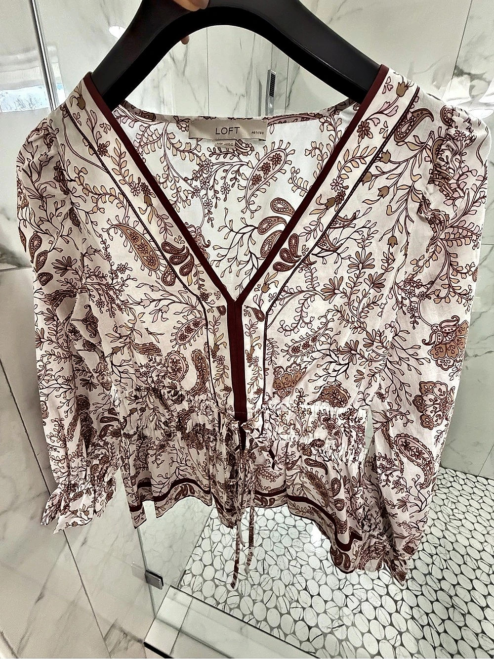 LOFT petite Paisley Blouse in White & Brown
